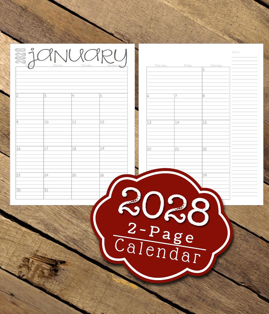 2028 Lined & Unlined 2-page Monthly Calendars | 8.5x11 | Jan - Dec ...