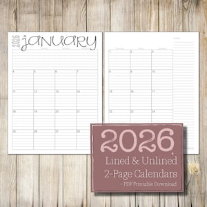 Pode incluir: Calendário imprimível 2026 com páginas pautadas e não pautadas. O calendário é dividido em duas páginas, uma para o mês de janeiro e a outra para o resto do ano. O calendário é de estilo simples e minimalista com texto preto em fundo branco.