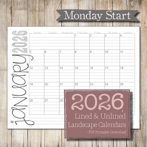 以下が含まれることがあります： 月曜日始まり、2026年1月の印刷可能なカレンダー。カレンダーは横向きで、ピンクと白の配色です。カレンダーの下部には、「2026年罫線入り＆罫線なし風景カレンダー - PDF印刷可能ダウンロード」というテキストがあります。