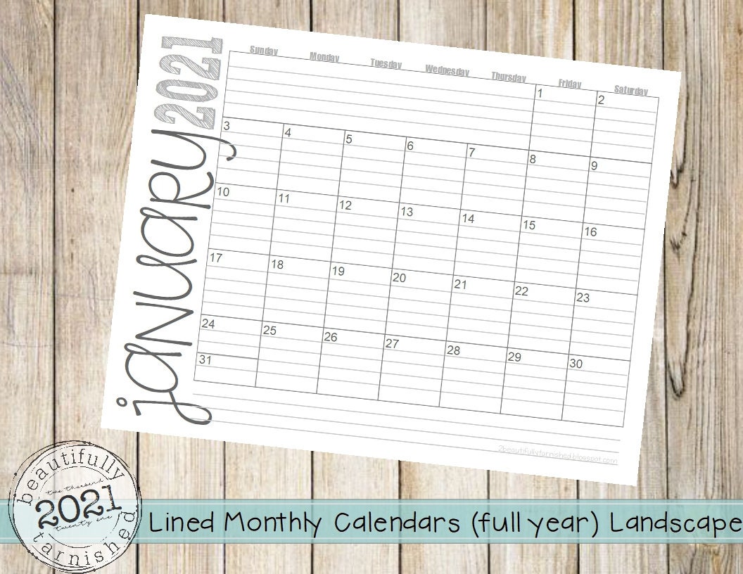 2021 Lined Monthly Calendars 8 5x11 Landscape Jan Dec Etsy