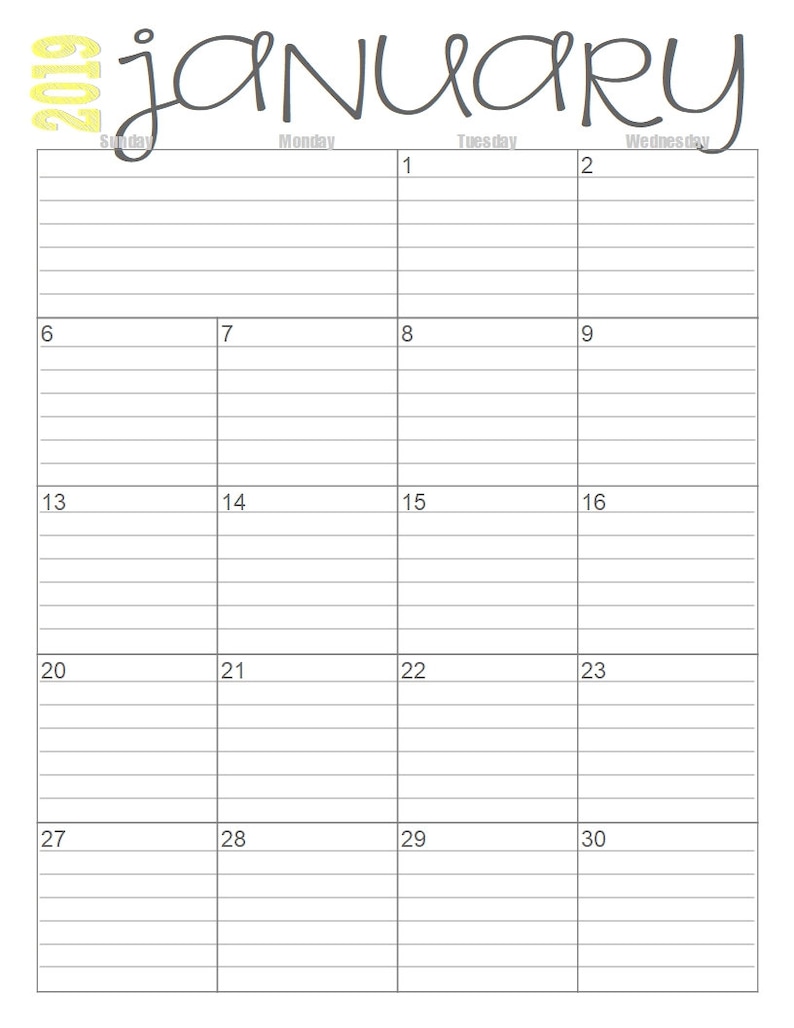 2019 lined monthly calendars 2 page layout full year printable etsy