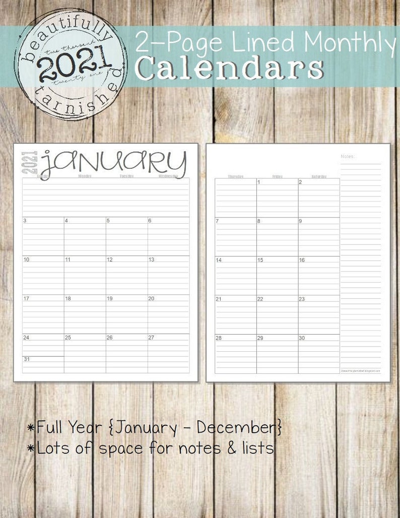 2021 Monthly 2-Page Lined Calendars Full Year Printable | Etsy