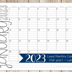 2023 Lined Monthly Calendars | 8.5x11 | LANDSCAPE | Jan - Dec | Printable Download