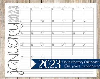 2023 Lined Monthly Calendars | 8.5x11 | LANDSCAPE | Jan - Dec | Printable Download