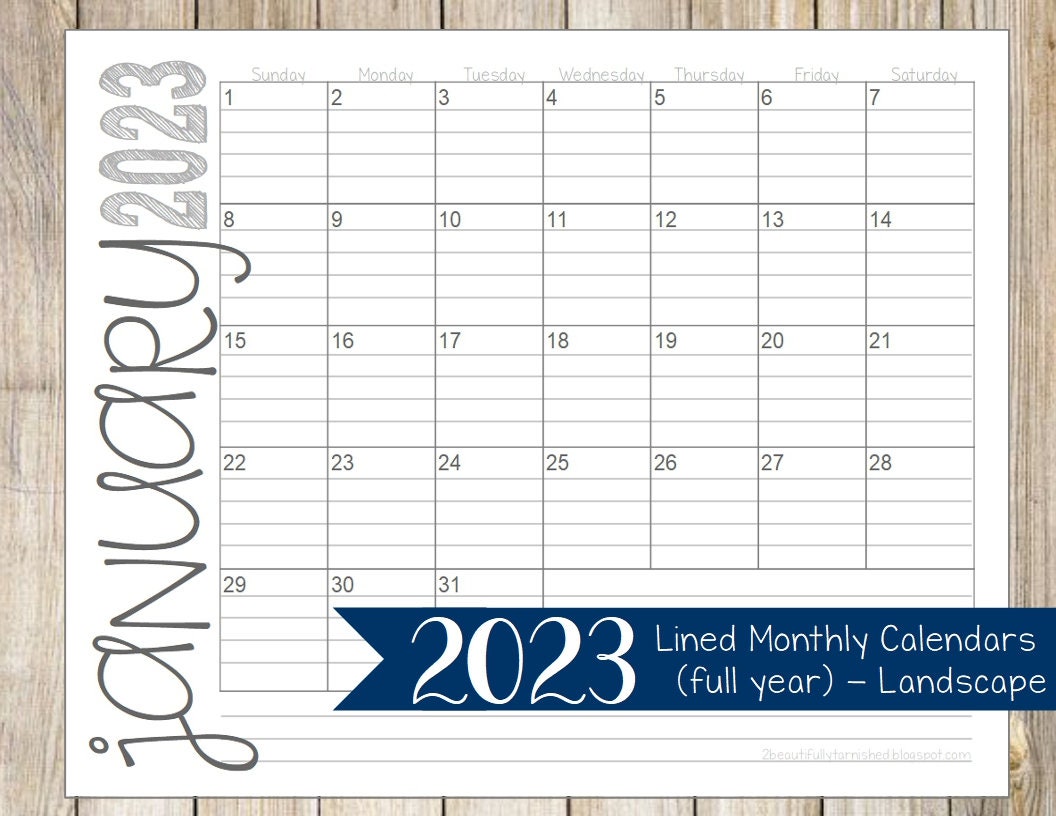 2023 Lined Monthly Calendars 85x11 Landscape Jan Dec Etsy Canada