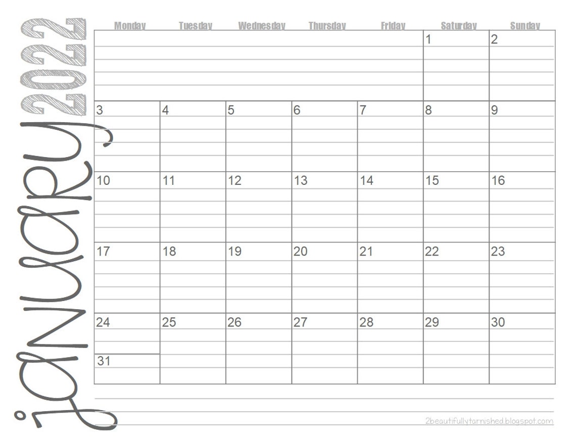 2022 monday start lined monthly calendars 85x11 landscape etsy