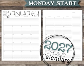 May include: A printable 2027 calendar with a Monday start. The calendar is divided into two pages, one for January and one for the rest of the year. The calendar is designed to be printed on 8.5 x 11 inch paper.