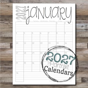 May include: A printable 2027 calendar for January. The calendar is in a portrait orientation and has a simple design with black lines and numbers. The text "2027 Portrait Calendars" is in a circle at the bottom of the page.