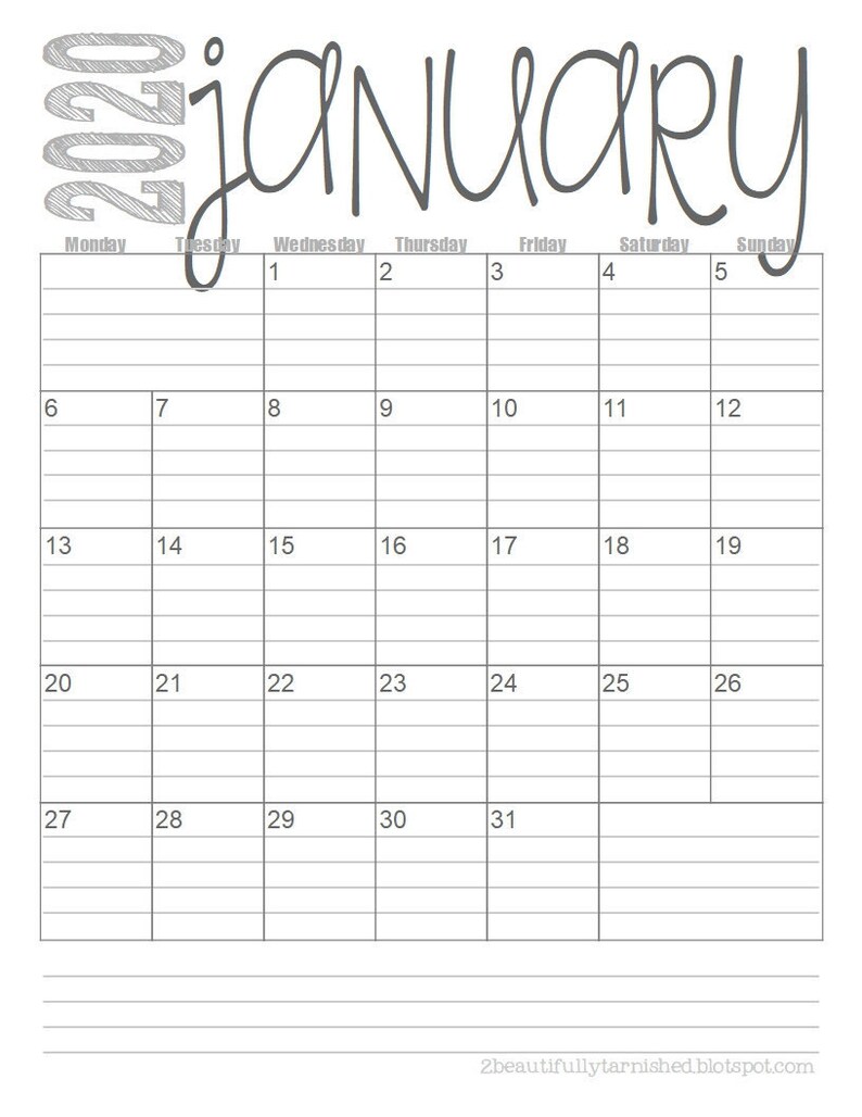 2020 European Lined Monthly Calendars PORTRAIT Full Year | Etsy