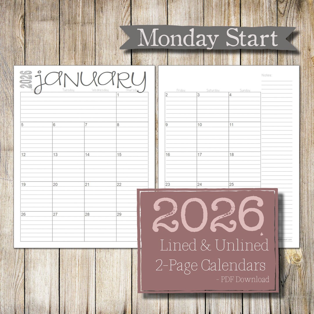 2026 Monday Start 2page Lined & Unlined Monthly Calendars 8.5x11