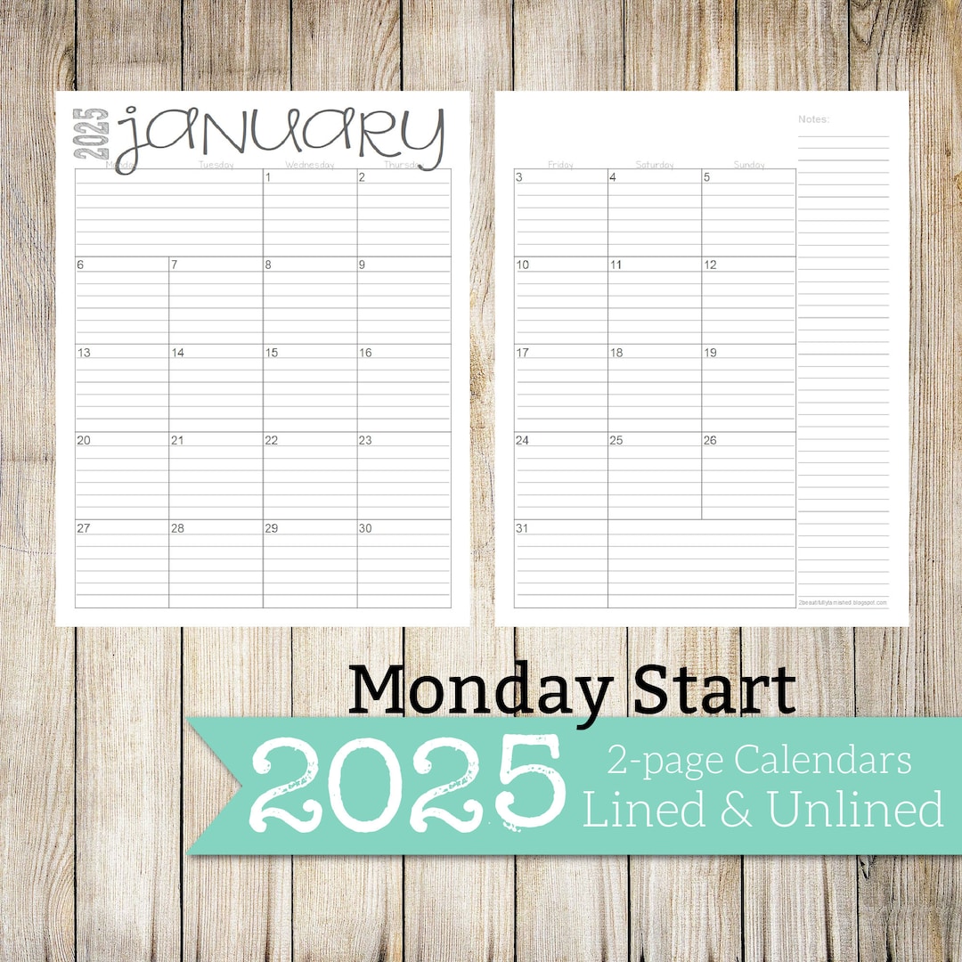 2025 Monday Start 2-page Lined & Unlined Monthly Calendars | 8.5x11 ...