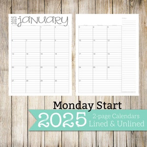 2025 Monday Start 2-page Lined & Unlined Monthly Calendars 8.5x11 Jan ...