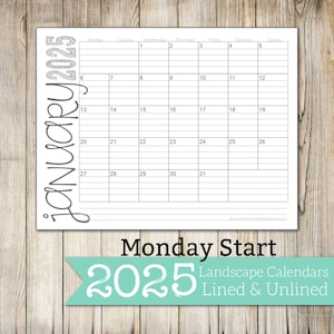 2025 Monday Start - Lined & Unlined Monthly Calendars | 8.5x11 | LANDSCAPE | Jan - Dec | Printable Download