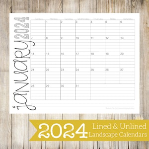 2024 Landscape Lined & Unlined Monthly Calendars | 8.5x11 | LANDSCAPE | Jan - Dec | PDF Printable Download
