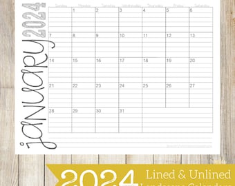 2024 Landscape Lined & Unlined Monthly Calendars | 8.5x11 | LANDSCAPE | Jan - Dec | PDF Printable Download