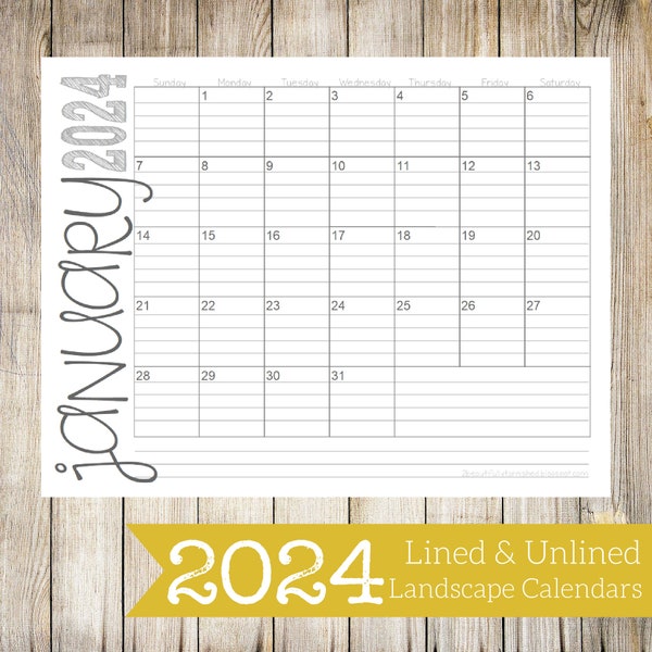 2024 Landscape Lined & Unlined Monthly Calendars | 8.5x11 | LANDSCAPE | Jan - Dec | PDF Printable Download