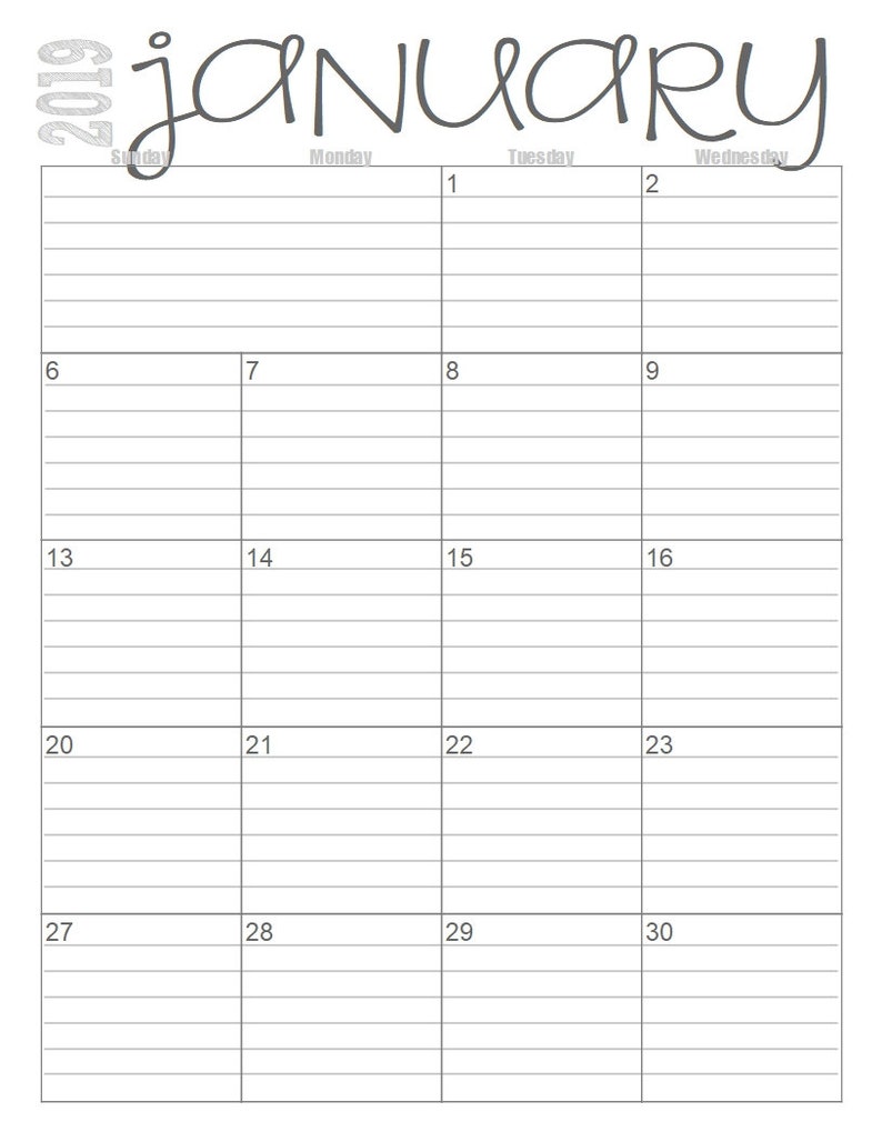 2019 lined monthly calendars 2 page layout full year printable etsy