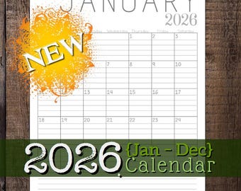 NEW VERSION* 2026 Portrait Lined Monthly Calendar | Portrait | 8.5x11 | Jan - Dec | PDF Printable Download