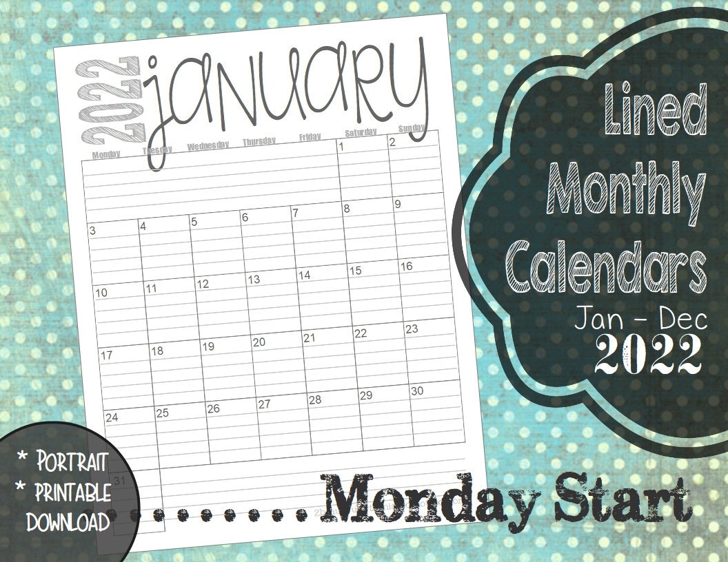 2022 monday start lined monthly calendars 85x11 portrait etsy