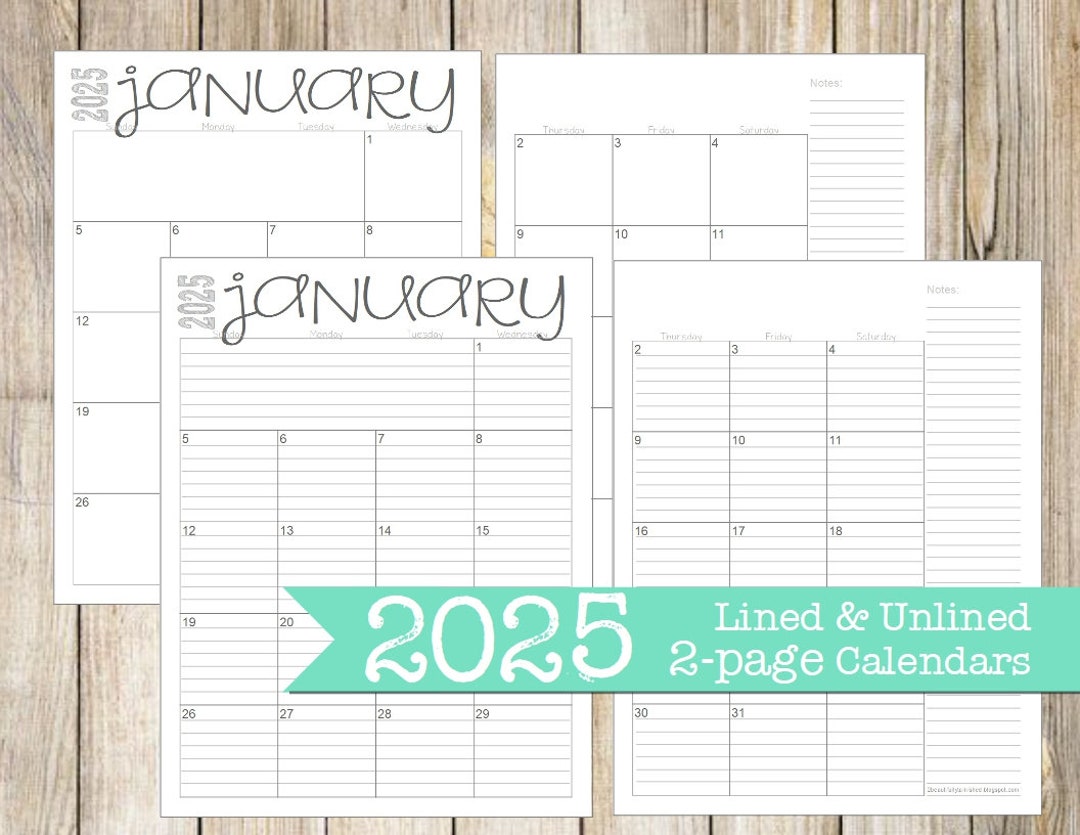 2025 Lined & Unlined 2page Monthly Calendars 8.5x11 Jan Etsy