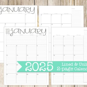 2025 Lined & Unlined 2-page Monthly Calendars 8.5x11 Jan Dec PDF 