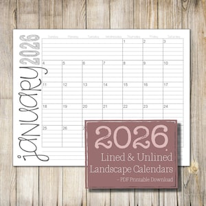 以下が含まれることがあります： 横長の2026年1月の印刷可能なカレンダーです。カレンダーは罫線が入っており、ピンクと白の配色になっています。カレンダーの下部には「2026年 横長カレンダー 線入り＆線なし - PDFダウンロード」というテキストがあります。