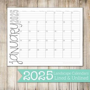 2025 Landscape Lined & Unlined Monthly Calendars 8.5x11 LANDSCAPE Jan ...