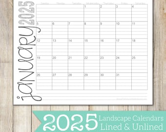 2025 Landscape Lined & Unlined Monthly Calendars | 8.5x11 | LANDSCAPE | Jan - Dec | PDF Printable Download