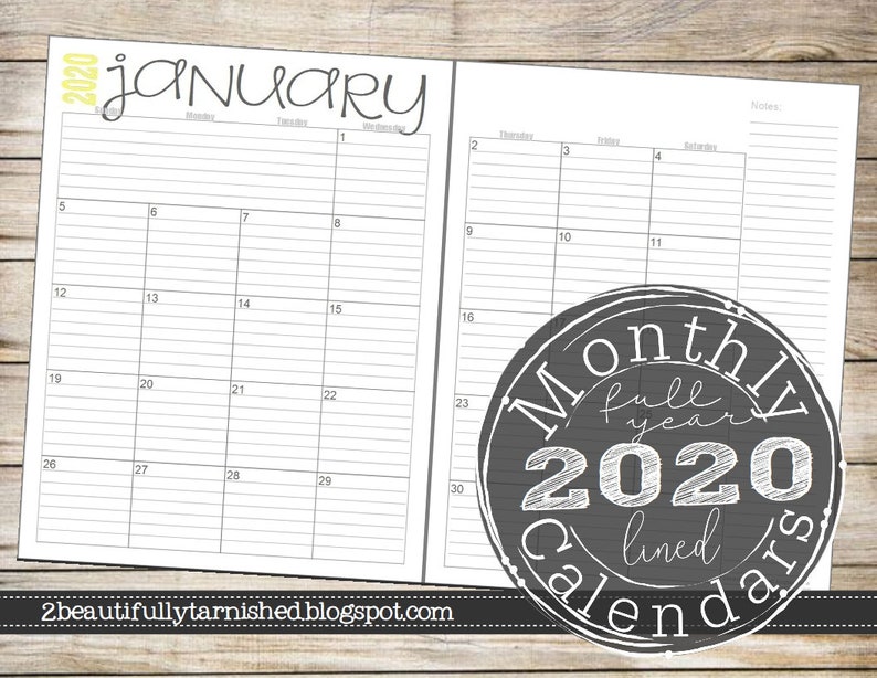 2020 monthly 2 page lined calendars full year printable etsy