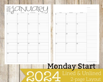 2024 Montag Start 2-seitiger linierter & unlinierter Monatskalender | 8,5x11 | Jan - Dez | Druckbare Download