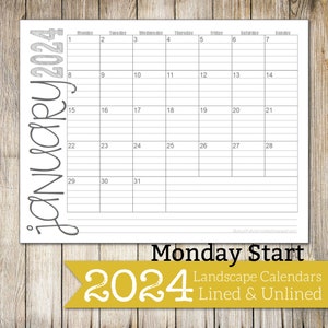 2024 Monday Start - Kalendarze miesięczne w linii i bez linii | 8,5x11 | KRAJOBRAZ | Styczeń - Grudzień | Wersja do wydruku