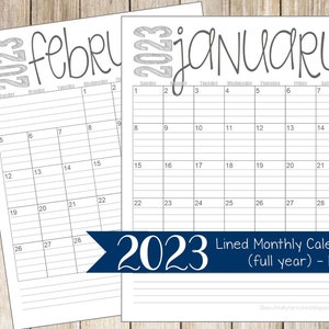 2023 Lined Monthly Calendars | PORTRAIT | 8.5x11 | Jan - Dec | Printable Download