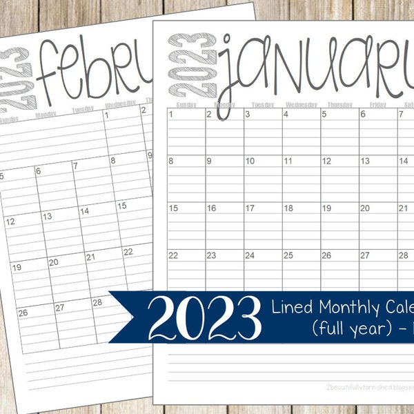 2023 Lined Monthly Calendars | PORTRAIT | 8.5x11 | Jan - Dec | Printable Download