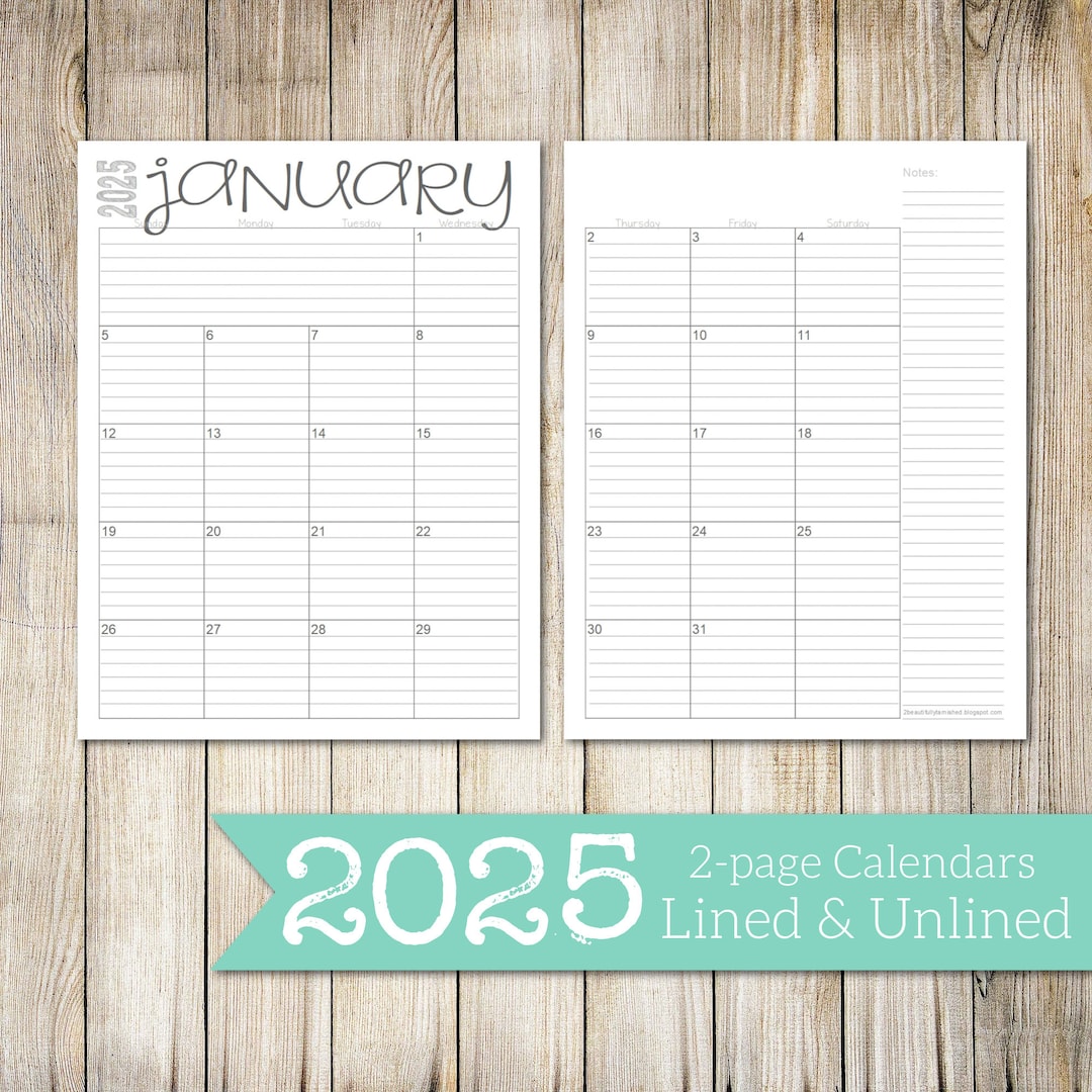 2025 Lined & Unlined 2page Monthly Calendars 8.5x11 Jan Dec PDF
