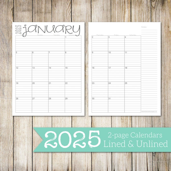 2025 Lined & Unlined 2-Page Monthly Calendars | 8.5x11 | Jan - Dec | PDF Printable Download