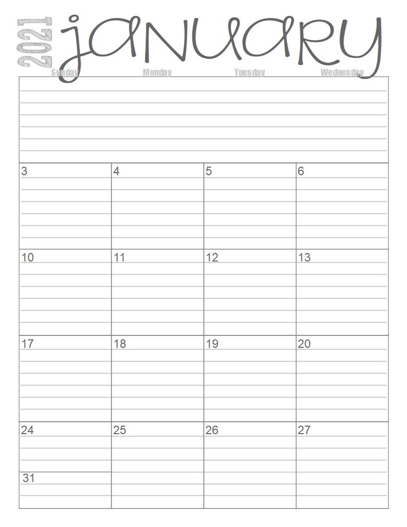 2021 monthly 2 page lined calendars full year printable etsy