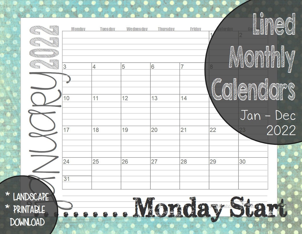 2022 Monday Start Lined Monthly Calendars 85x11 Landscape Etsy Uk