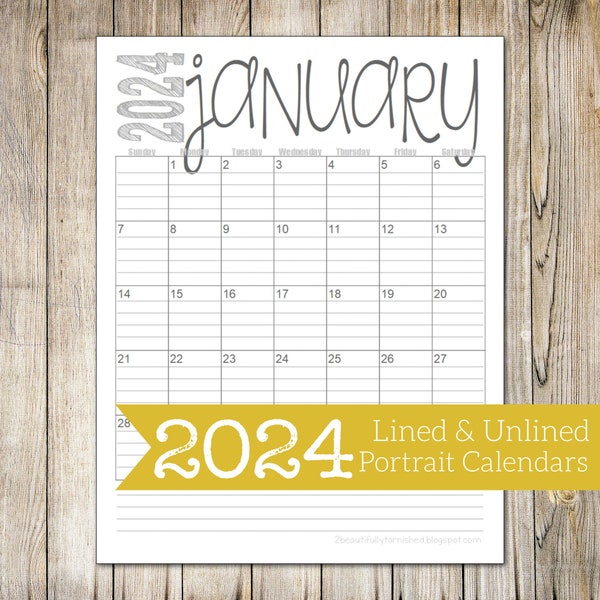 2024 Portrait Lined & Unlined Monthly Calendars | PORTRAIT | 8.5x11 | Jan - Dec | PDF Printable Download