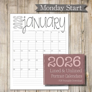 May include: Printable calendar for January 2026 with a Monday start. The calendar is lined and has a simple design with the month name and numbers in gray text. The calendar is surrounded by a wooden background.