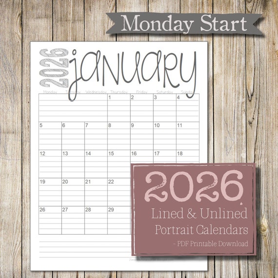 2026 monday start - lined u0026 unlined monthly calendars | 8.5x11 ...