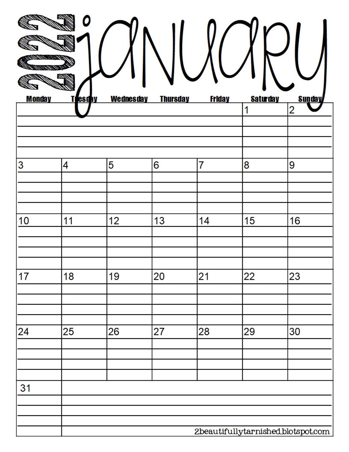 2022 Monday Start Lined Monthly Calendars 85x11 Portrait Etsy España