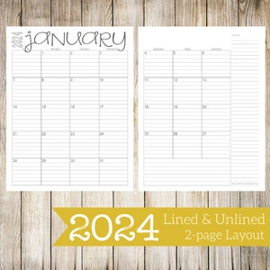 2024 Monthly 2-Page Lined & Unlined Calendars | 8.5x11 | Jan - Dec | PDF Printable Download