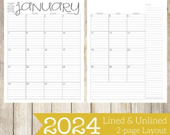 2024 Monthly 2-Page Lined & Unlined Calendars | 8.5x11 | Jan - Dec | PDF Printable Download