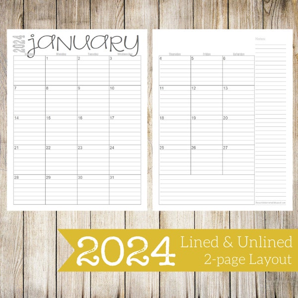 2024 Monthly 2-Page Lined & Unlined Calendars | 8.5x11 | Jan - Dec | PDF Printable Download
