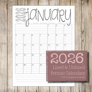 Peut inclure: Calendrier imprimable pour janvier 2026. Le calendrier est au format portrait et propose une option lignée et non lignée. Le texte "2026 Calendriers portrait lignés et non lignés - Téléchargement imprimable PDF" est en bas du calendrier.