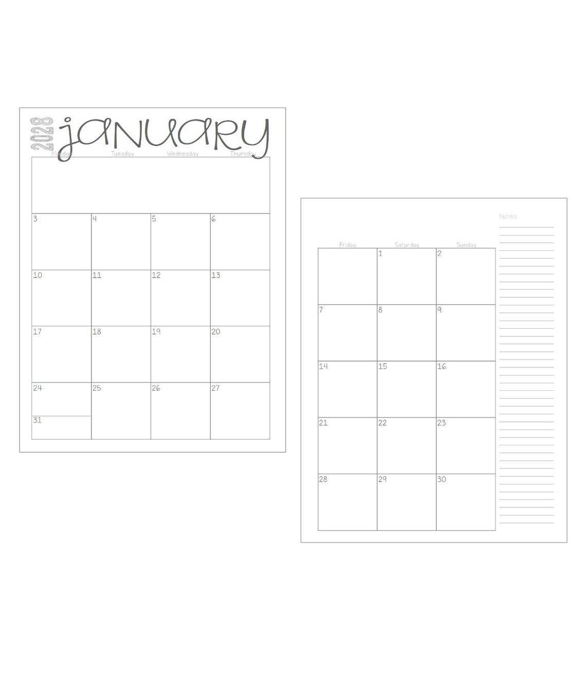 2028 Monday Start 2-page Lined & Unlined Monthly Calendars | 8.5x11 ...