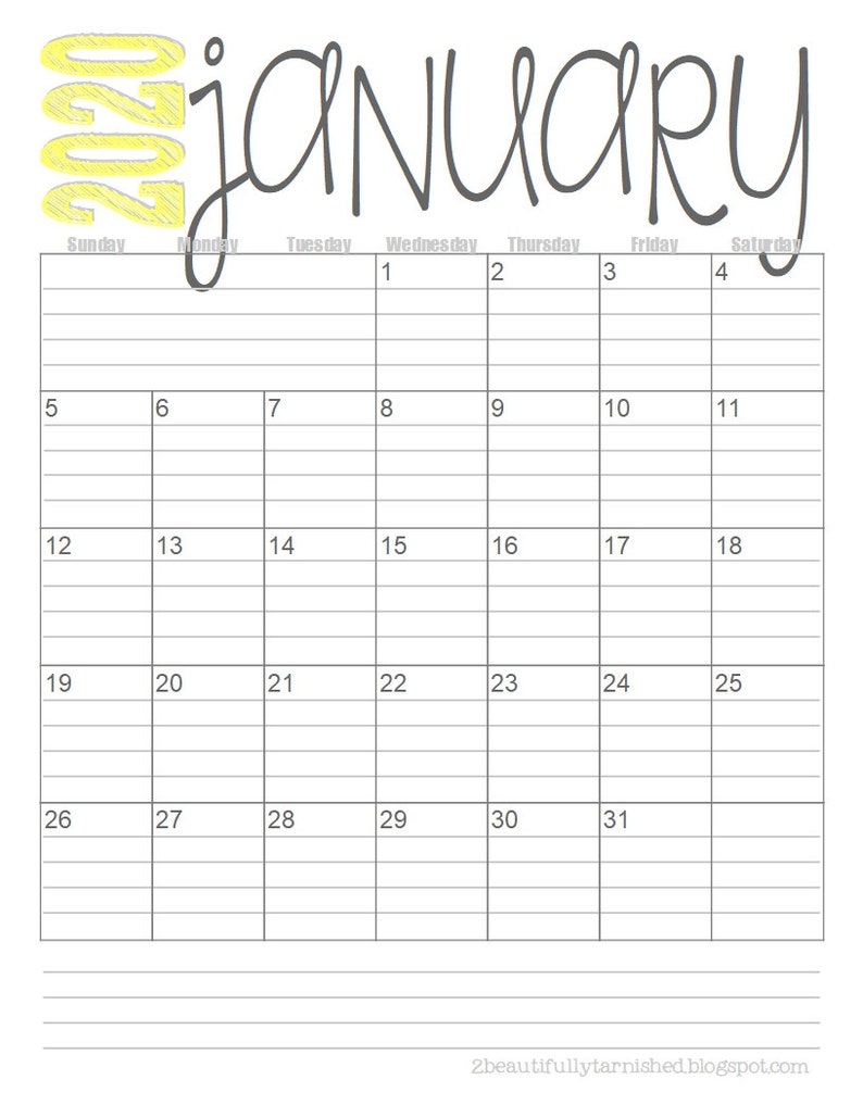 2020 monthly lined calendars full year printable download etsy