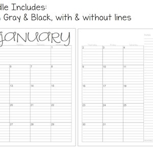 2025 Lined & Unlined 2-page Monthly Calendars 8.5x11 Jan Dec PDF 