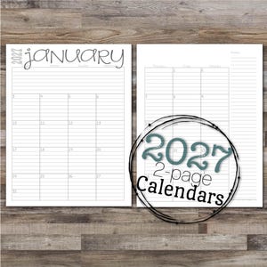 Puede incluir: Un calendario imprimible de 2027 con una página de calendario de enero y una página de calendario semanal en blanco. El calendario está diseñado con un estilo simple y minimalista y es perfecto para planificar y organizar tu año.