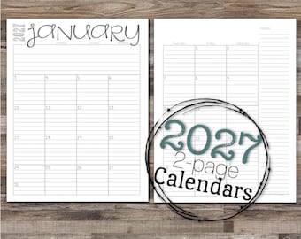 Calendriers mensuels 2027 2 pages, lignés et non lignés | 8,5 x 11 | janv. - déc. | Téléchargement imprimable
